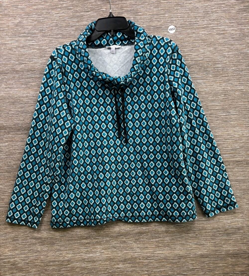 T by Talbots Top Womens Size L Teal Geometric Cowl Neck Pullover Athleisure